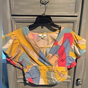 entro Multicolor Abstract Wrap Crop Top in Yellow, Blue & Pink